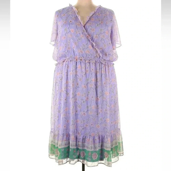 LC Lauren Conrad Flutter Sleeve Faux-Wrap Midi Dress Purple Floral Plus Size 4X - Picture 4 of 10